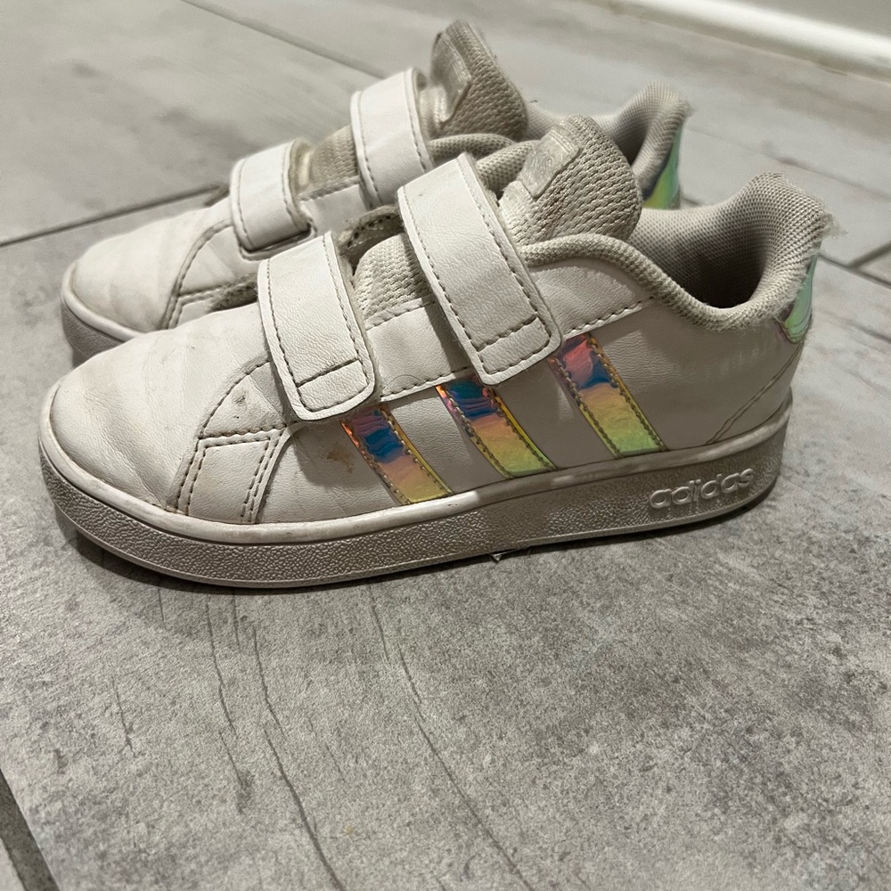 Adidas White Sneakers with Iridescent Stripes and Velcro